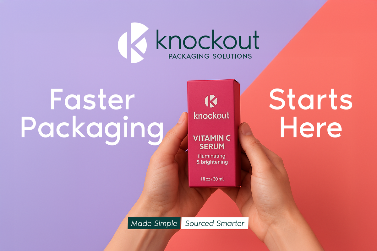 Faster Packaging Starts Here banner with hands holding a red serum carton