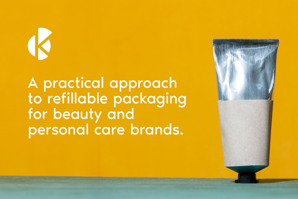 Refillable packaging banner with a silver squeeze tube on a yellow background