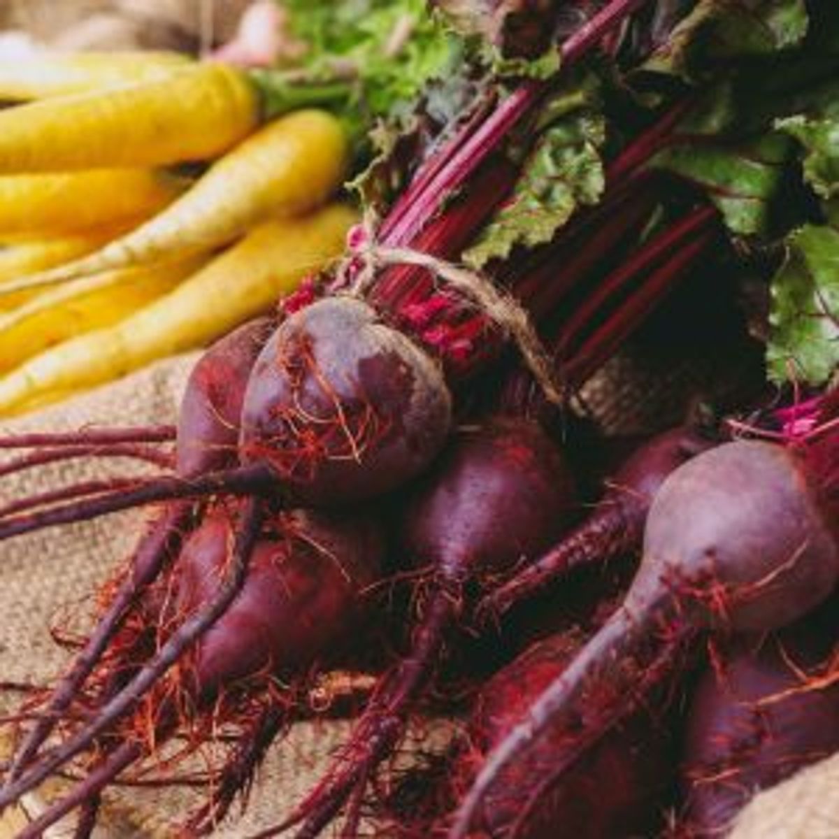Red and golden beets with their greens