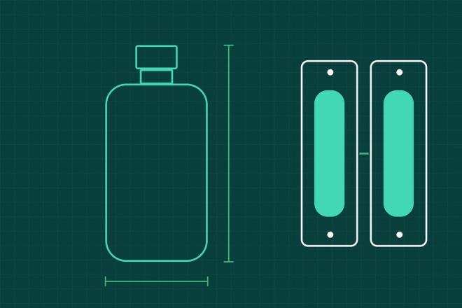 Blueprint-style drawing of a new bottle format beside its two mould halves