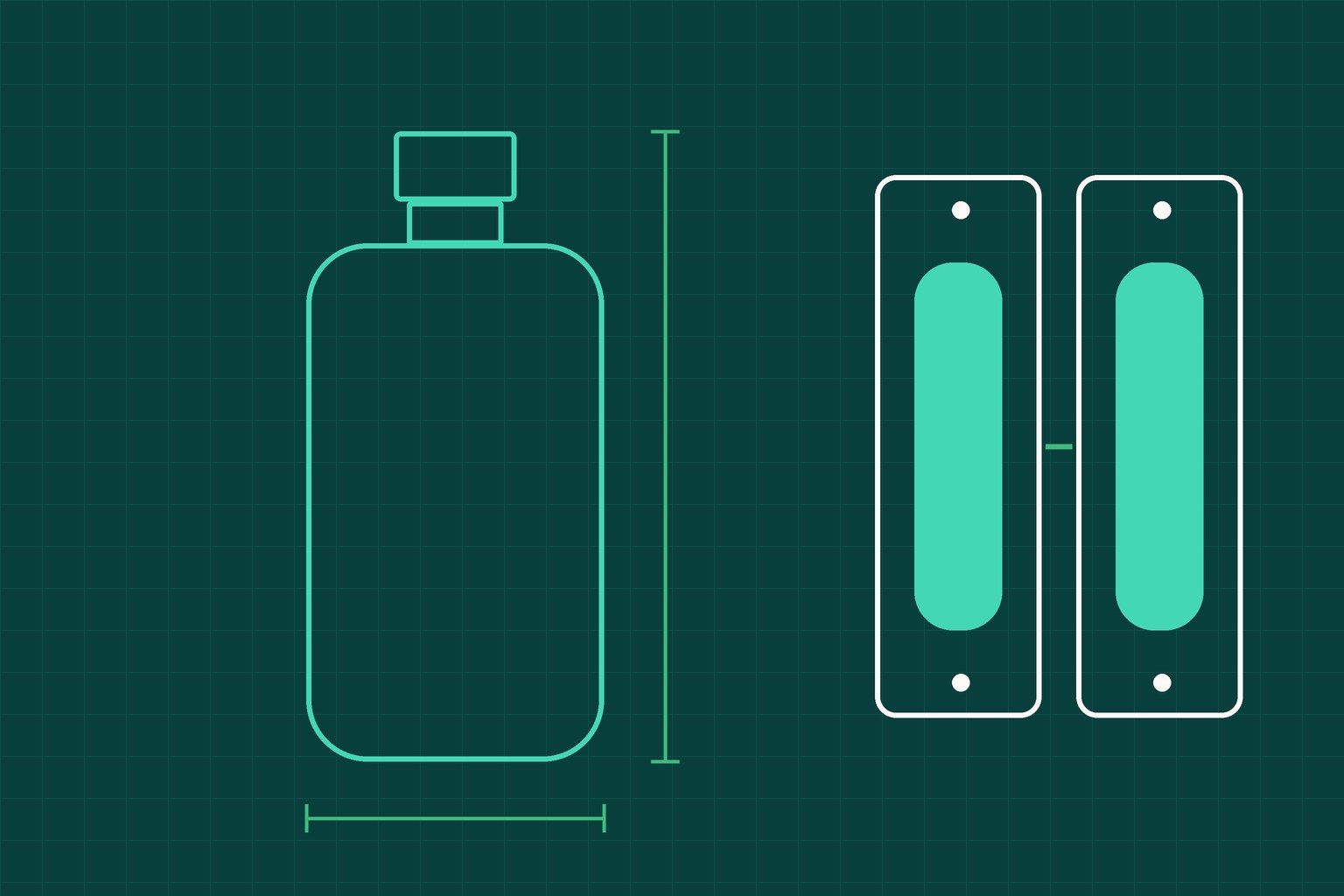 Blueprint-style drawing of a new bottle format beside its two mould halves
