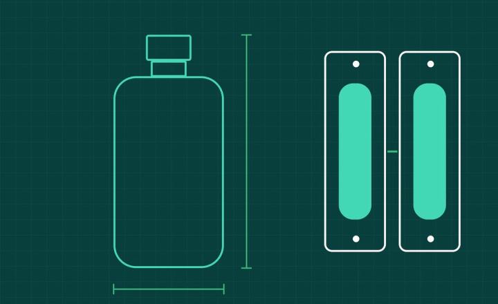 Blueprint-style drawing of a new bottle format beside its two mould halves