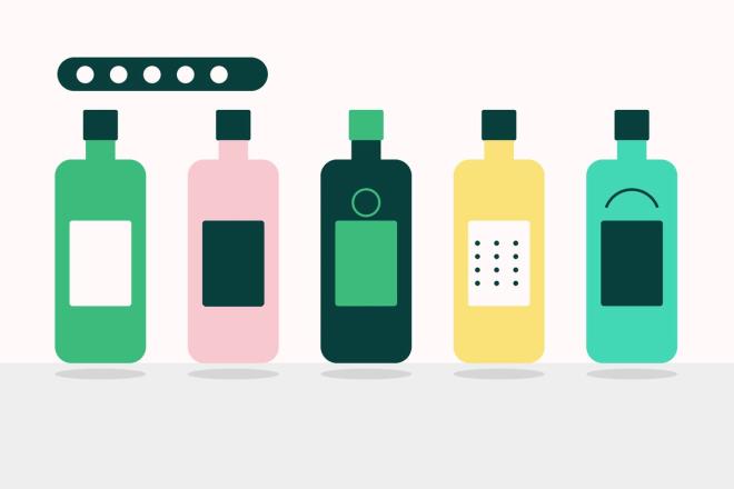 Five identical stock bottles in different colours and decorations
