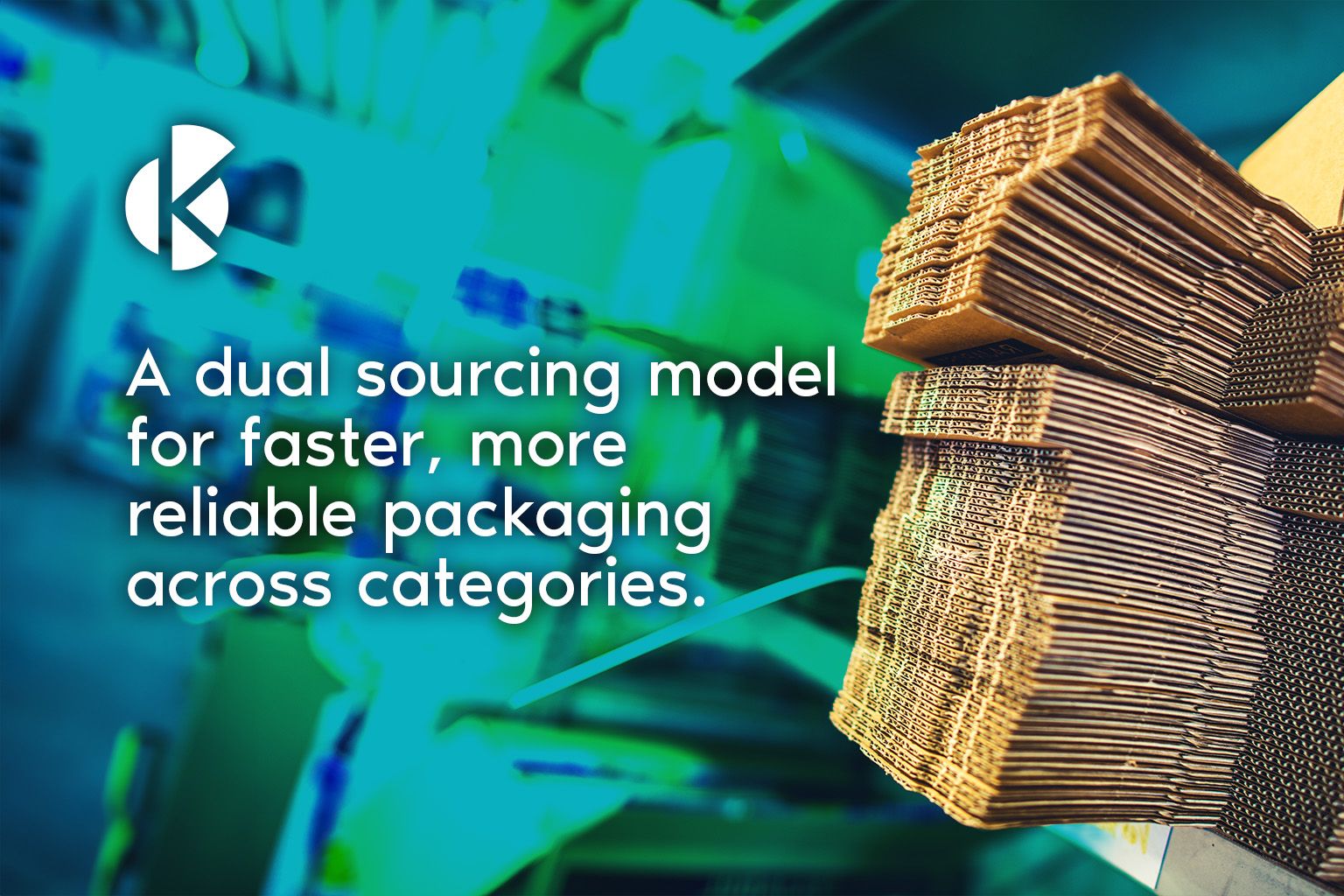 Dual sourcing model banner with stacks of flat corrugated cartons