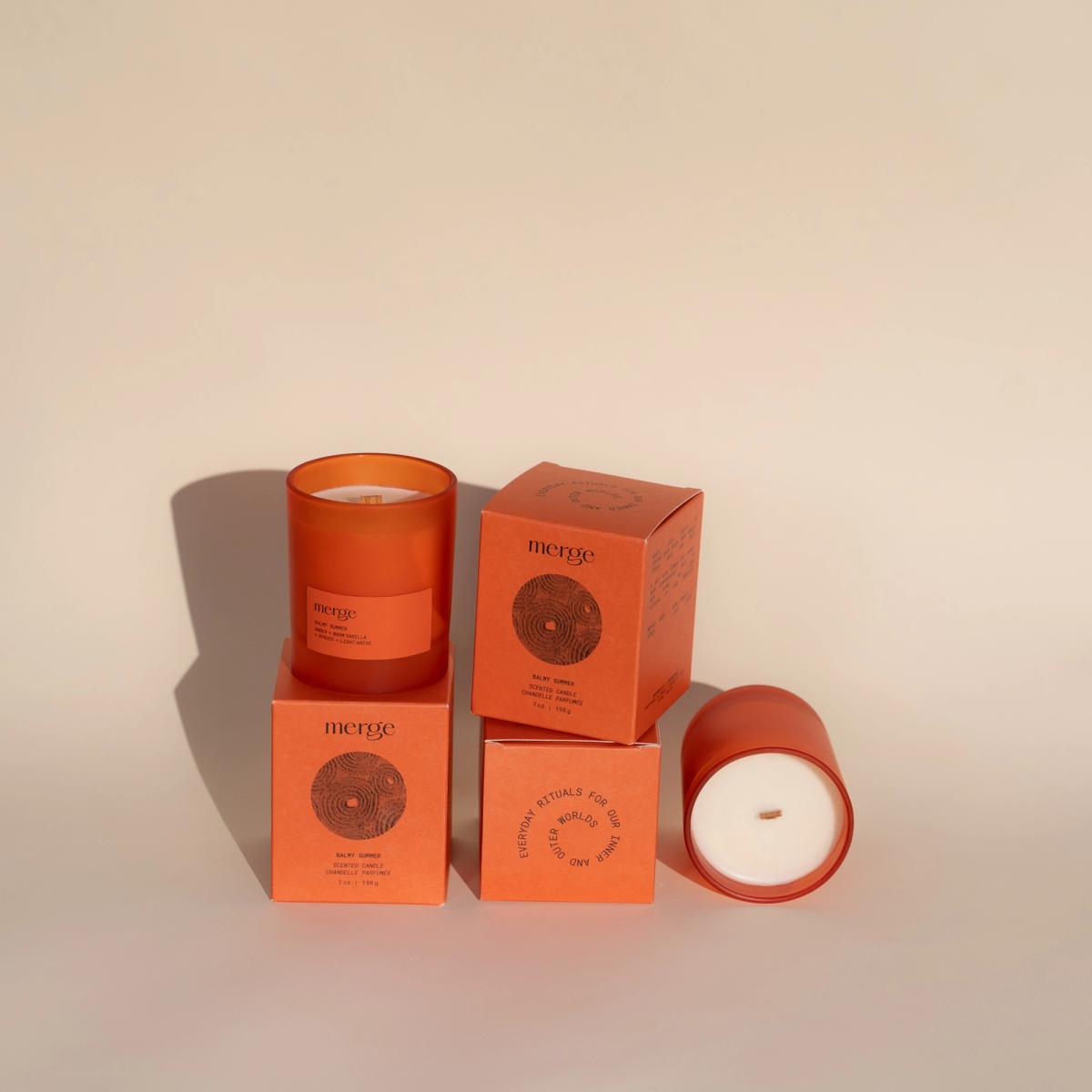 Merge Curated Goods candle packaging produced by Knockout