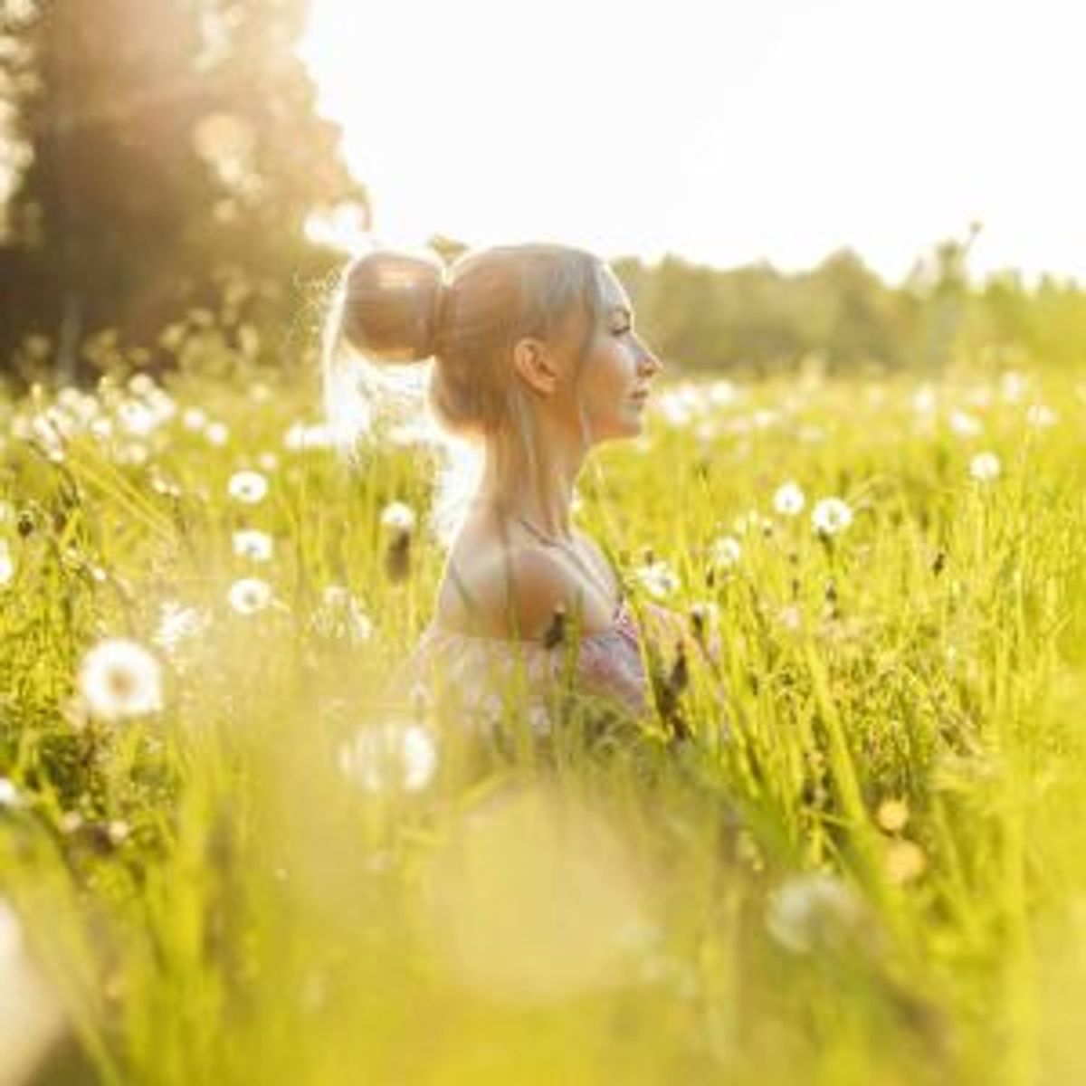 Person crouching in a sunlit meadow of wildflowers