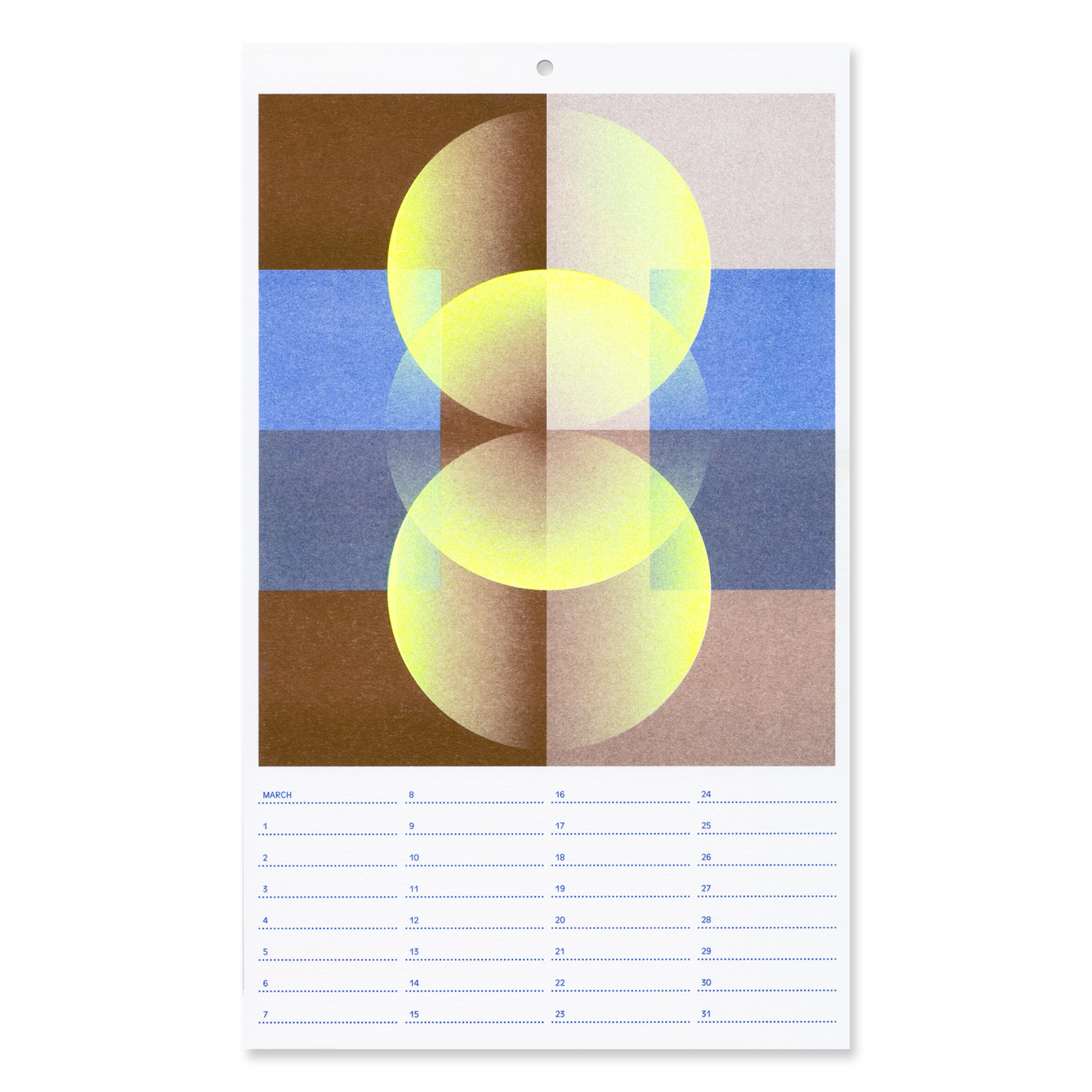 Risographie-Druck in Brown, Medium Blue, Fluo Yellow