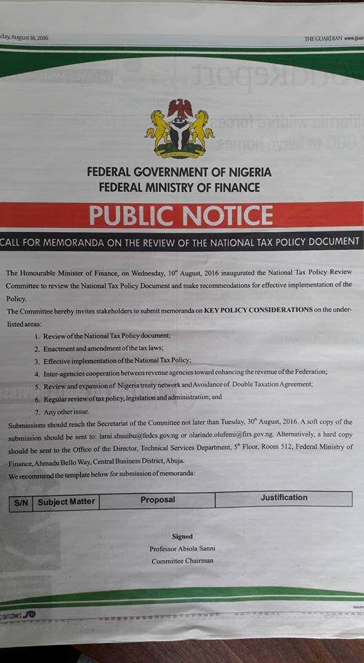 NIGERIA REVIEWS ITS NATIONAL TAX POLICY
