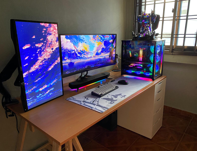 Colorful gaming PC setup with DIY IKEA desk