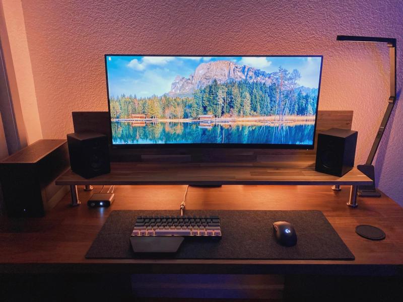 Warm ultrawide setup with DIY IKEA KARLBY desk