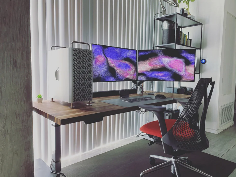 Standing desk setup with Mac Pro and Dual Apple Pro Display XDR monitors