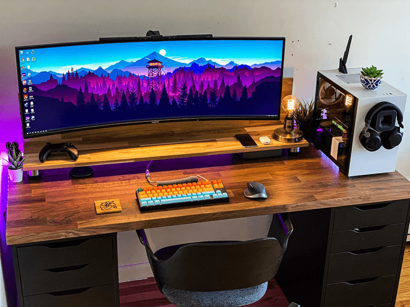 Warm 43 inch ultrawide setup with DIY IKEA KARLBY and ALEX desk