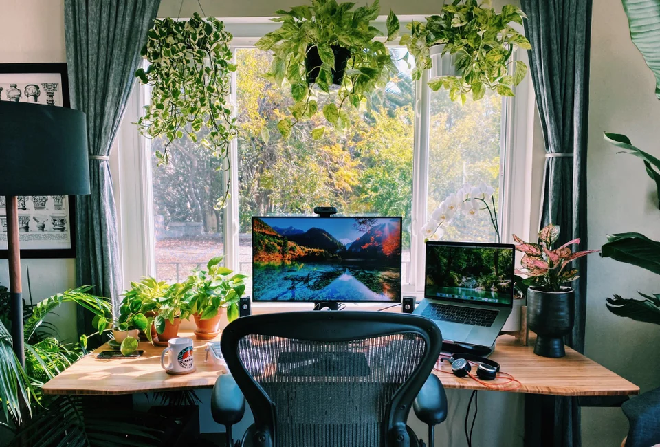 Bright Standing Desk with Plants Remote Setups