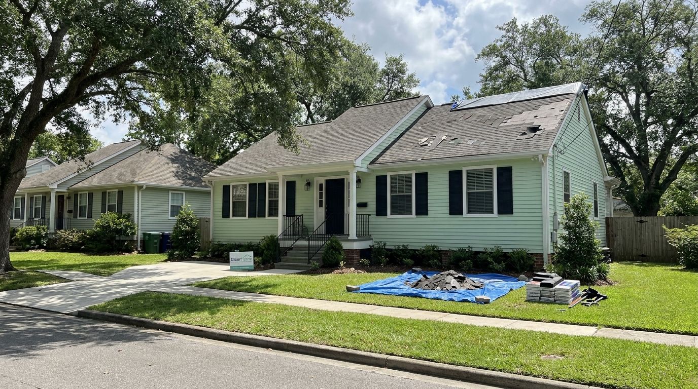 Post-hurricane roof damage on a New Orleans bungalow