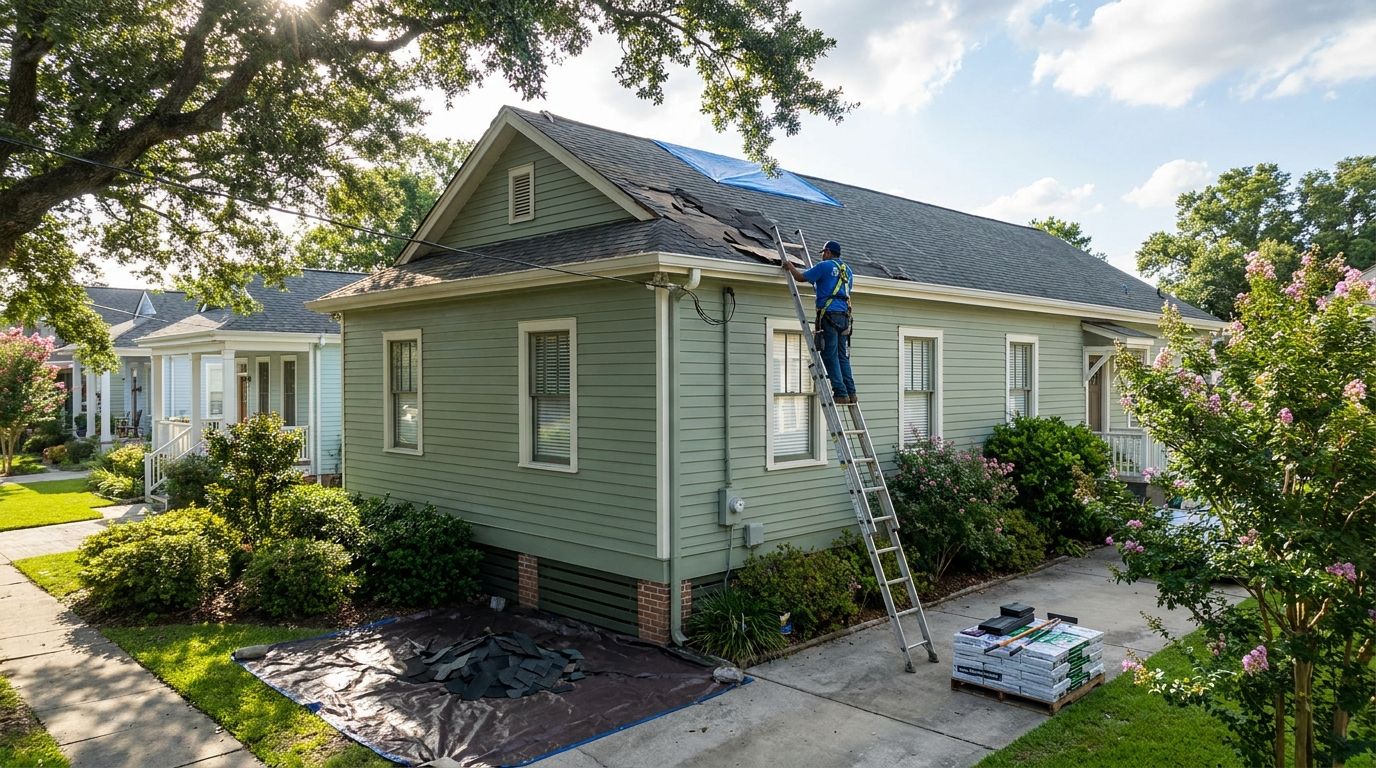 Louisiana roofing contractor inspecting storm damage on a New Orleans area home