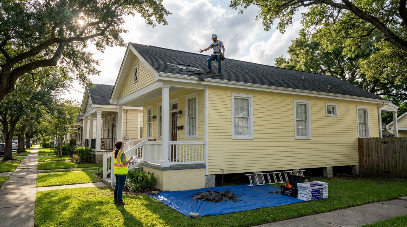 Local New Orleans roofer discussing storm damage with insurance adjuster on a residential roof