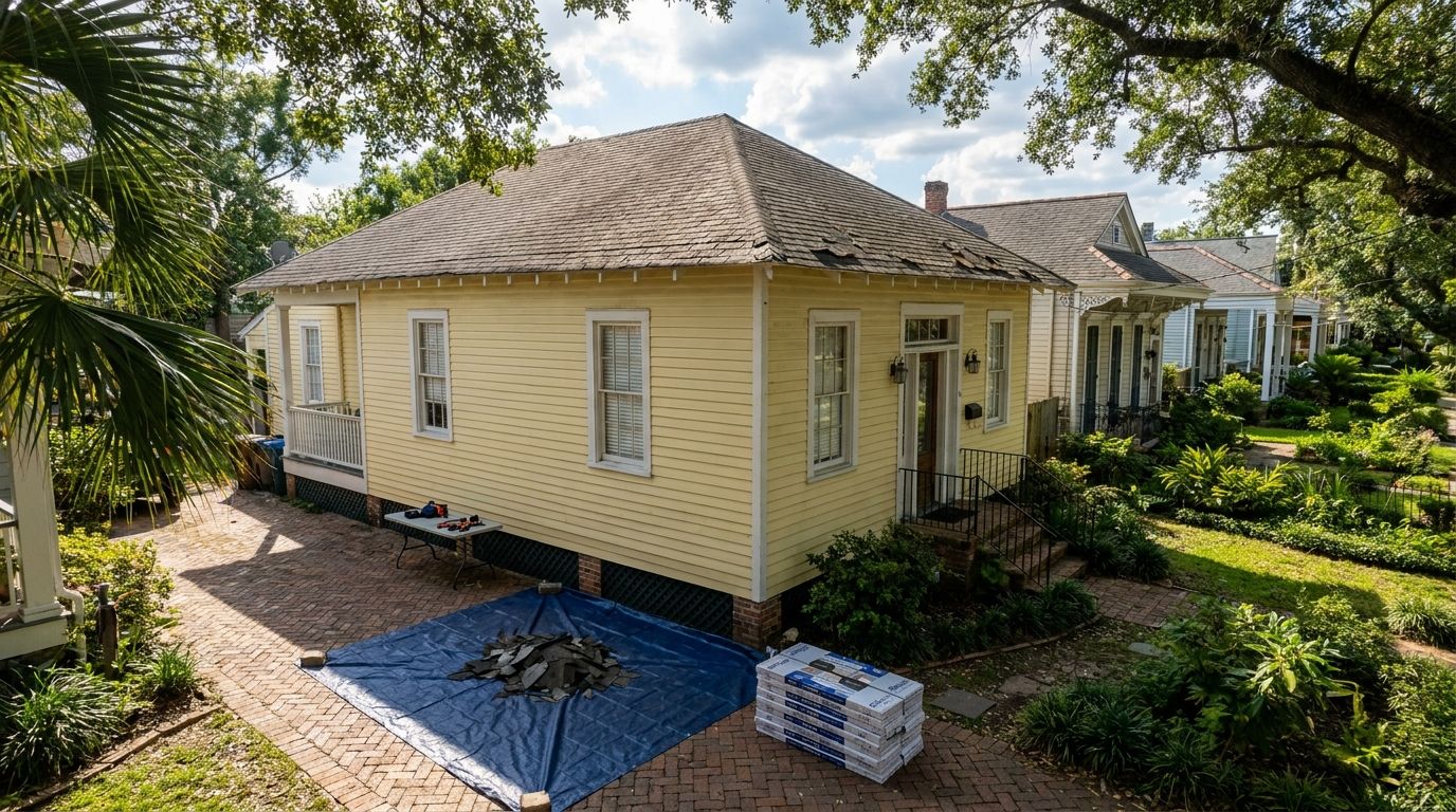 Older asphalt roof on a New Orleans Creole cottage showing signs of aging