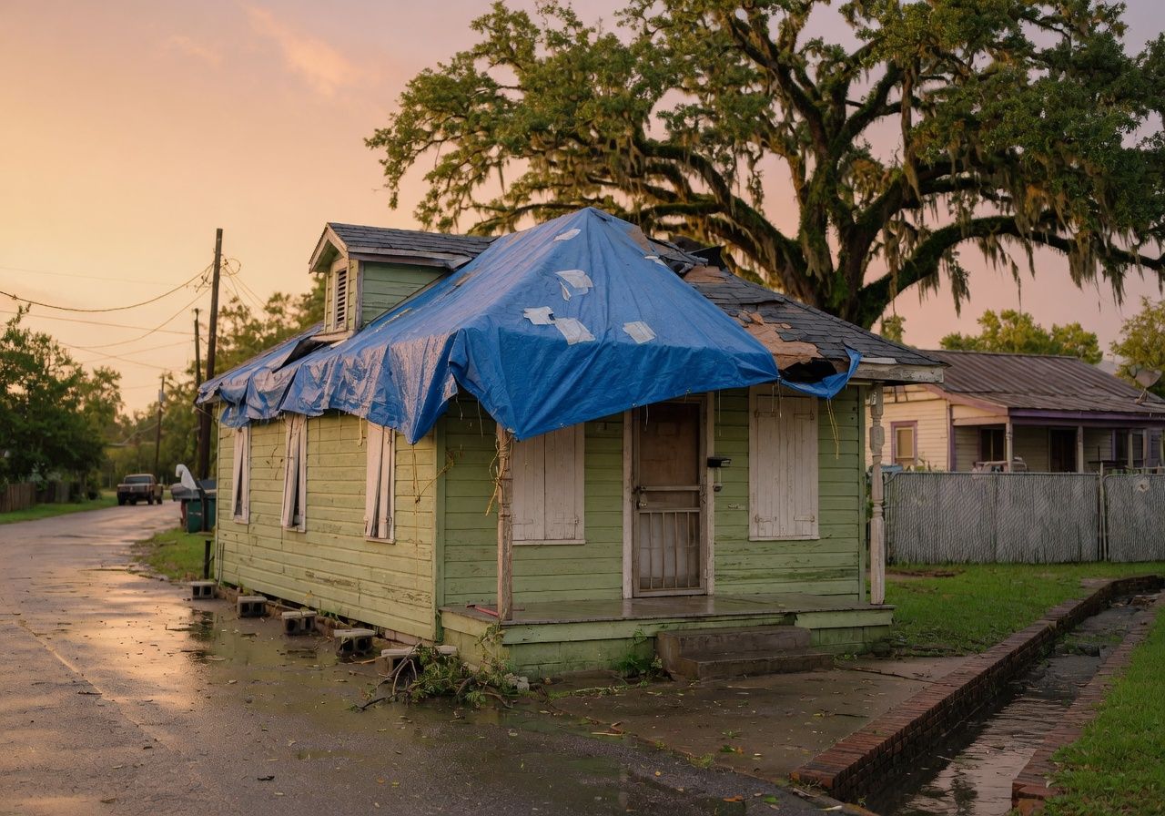 Storm-damaged roof with tarp on a typical Arabi, LA shotgun house