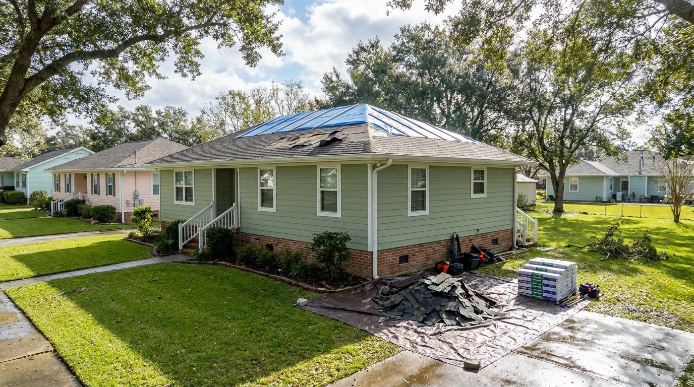 Belle Chasse home with storm-damaged roof and protective tarps after a hurricane