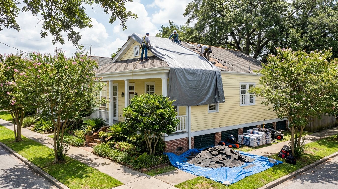 Roofing crew tarping a storm-damaged roof on a New Orleans home