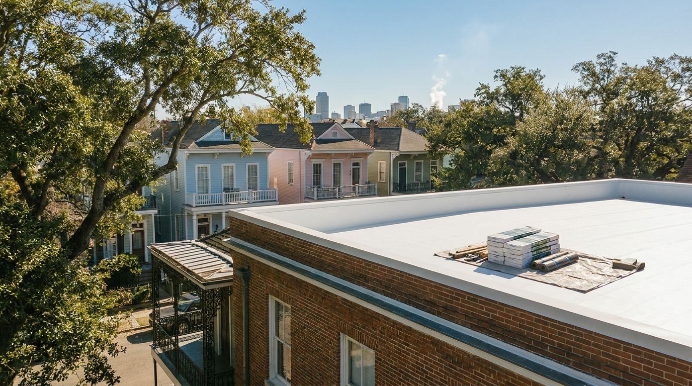 New TPO commercial flat roof on Uptown New Orleans building after replacement
