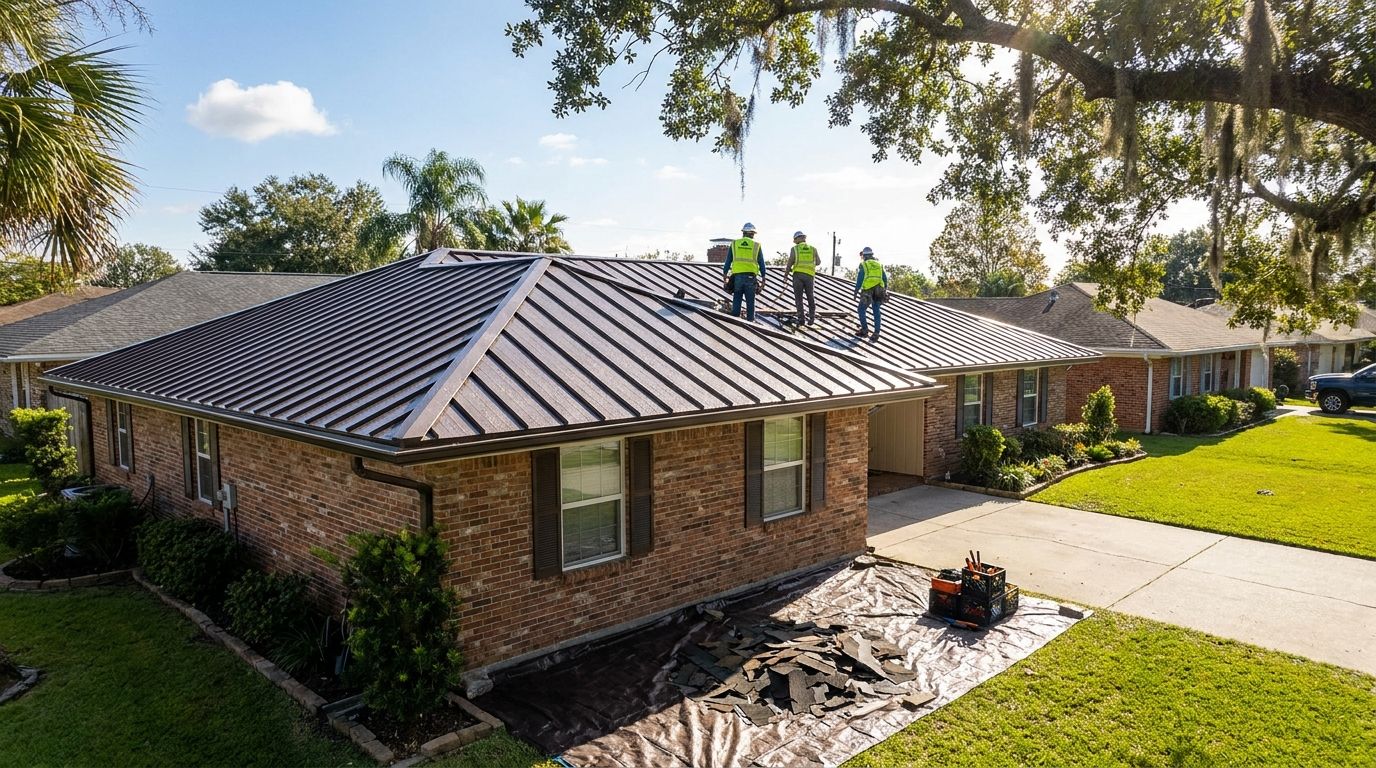 Standing seam metal roof installation on a Kenner ranch home after storm damage