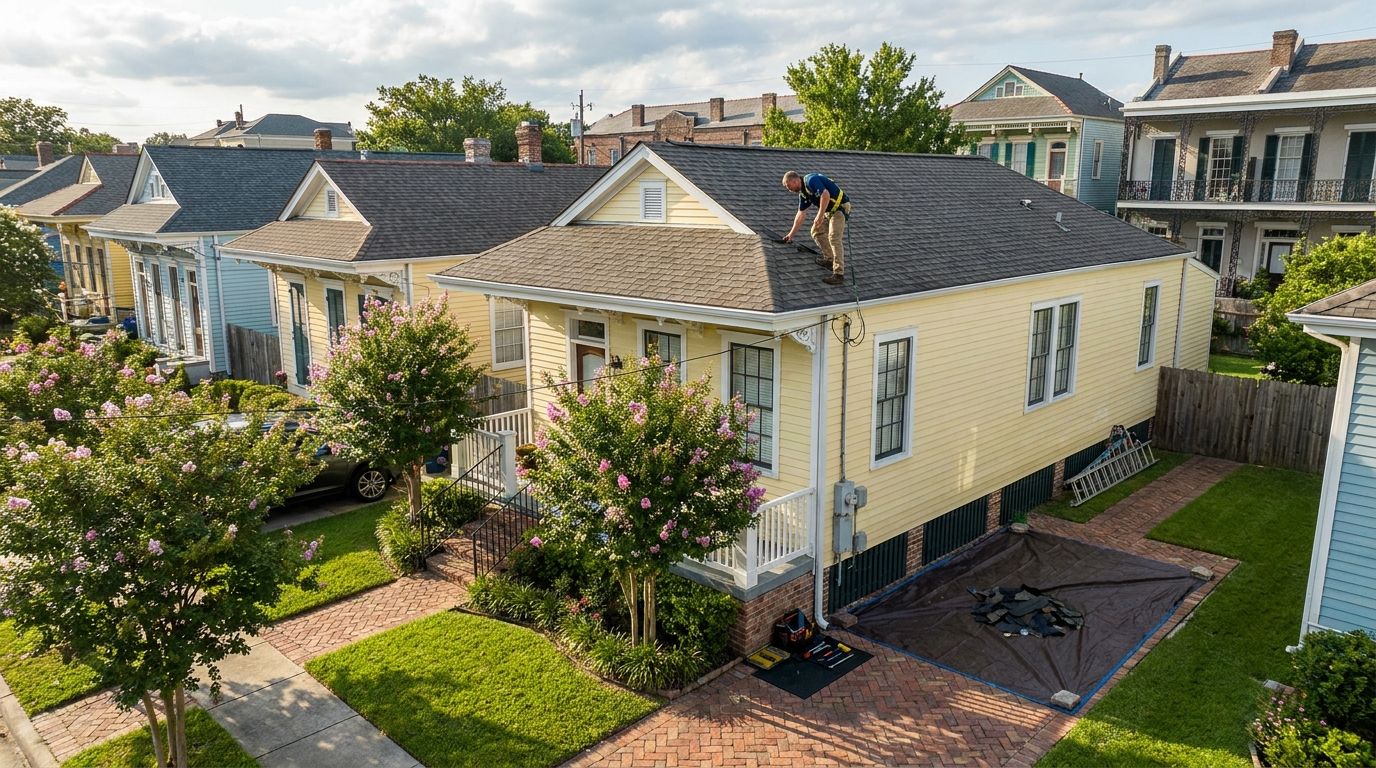 HAAG Certified roof inspector performing hail damage inspection on New Orleans shotgun house