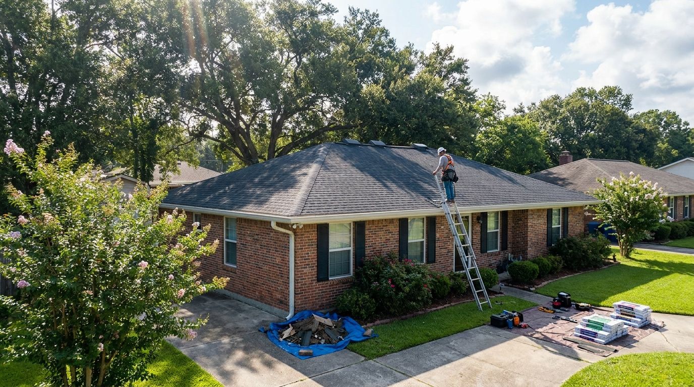 Licensed roofer performing hurricane preparation roof inspection on a Slidell home