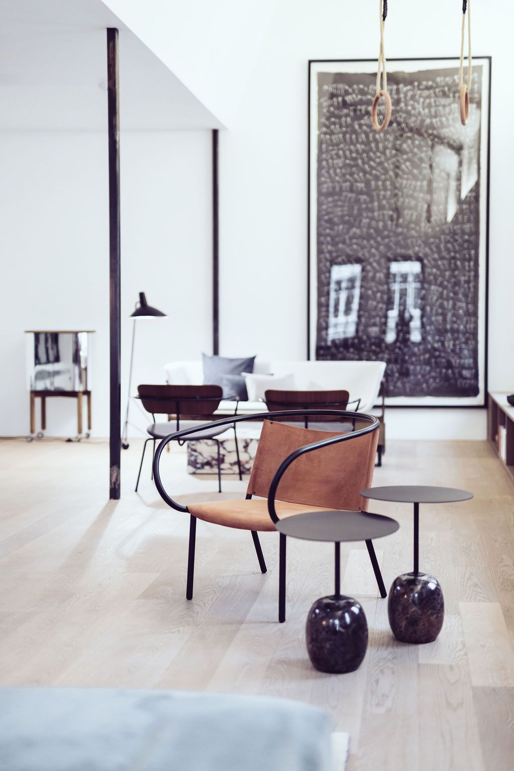 Dining room with elegant leather armchairs