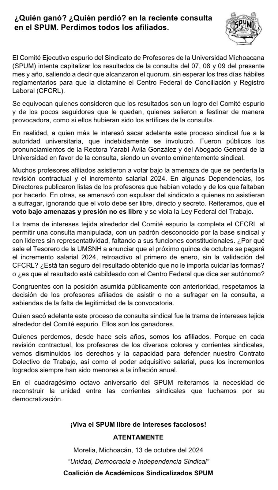 ⚠️ #Sindicatos ⚠️ Coalición de profesores del #SPUM arremeten contra funcionarios de la UMSNH incluyendo al Secretario General, al Tesorero y a la Rectora, #YarabíÁvila