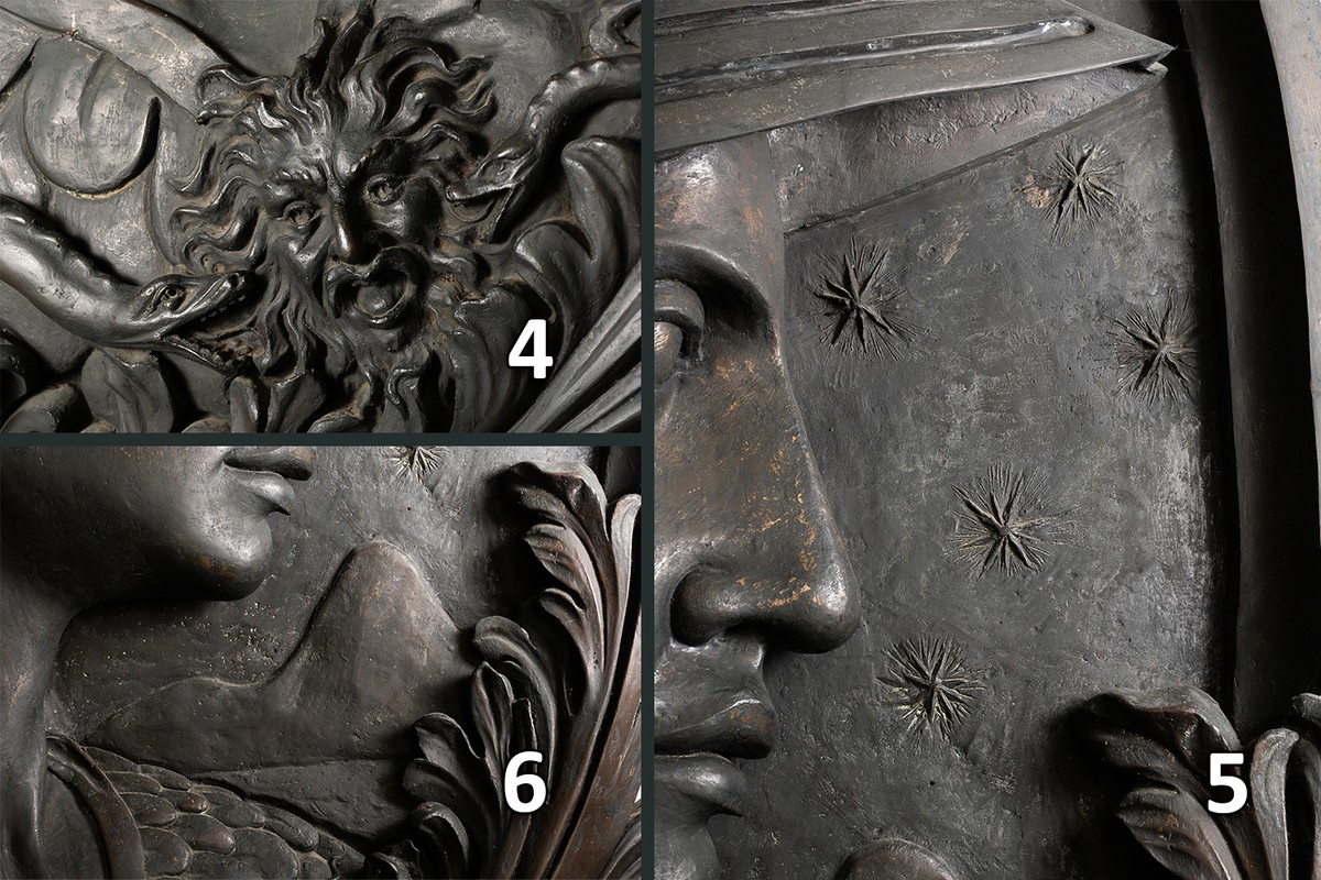 Detalhe em close dos signos representados em relevo no medalhão da Minerva, em sentido horário e numeração: 4 a medusa, 5 o cruzeiro do sul e 6 o pão de açúcar 
