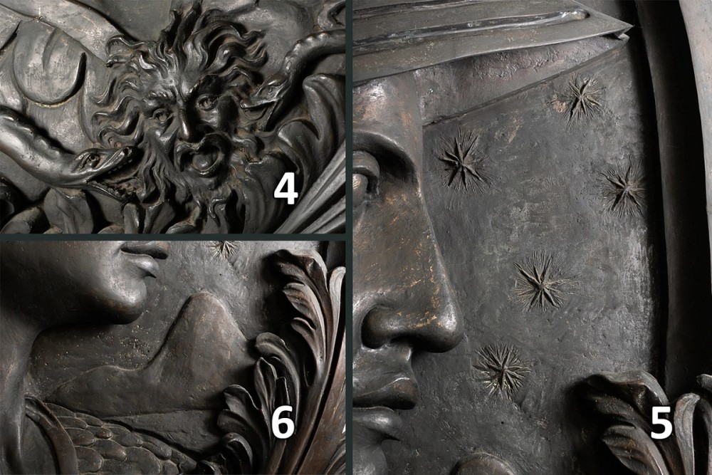 Detalhe em close dos signos representados em relevo no medalhão da Minerva, em sentido horário e numeração: 4 a medusa, 5 o cruzeiro do sul e 6 o pão de açúcar