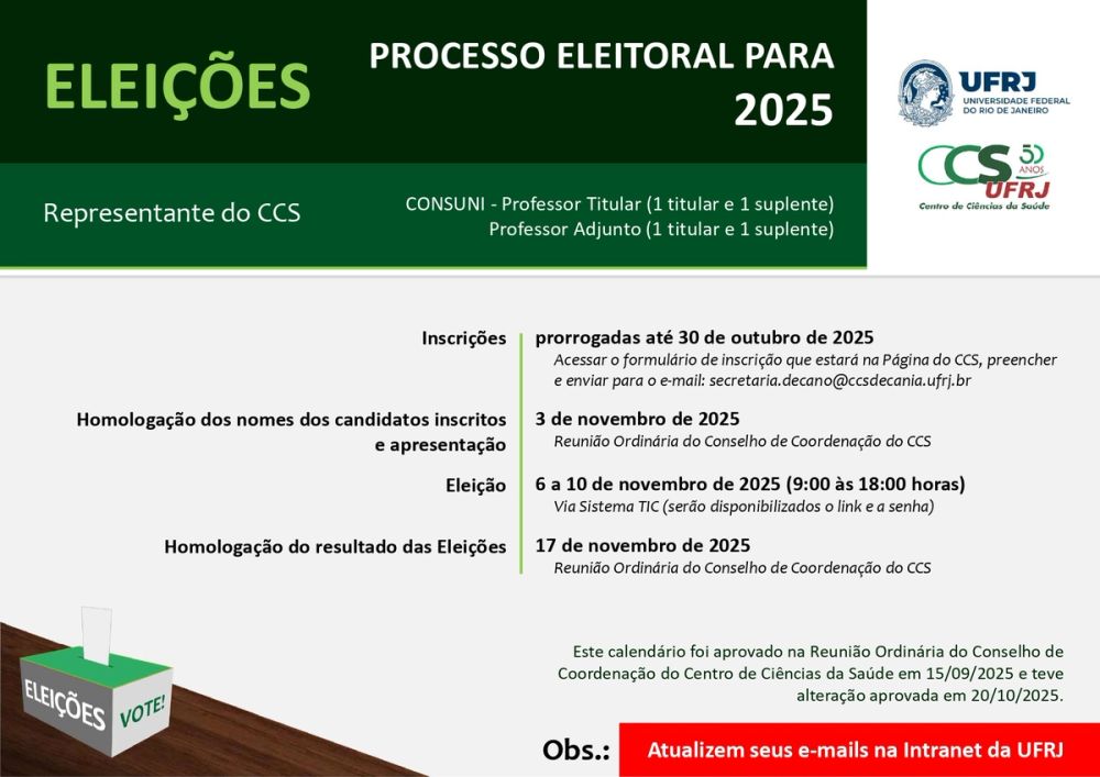 imagem principal do conteúdo Processo Eleitoral para Representante dos Professores Titulares e Adjuntos do CCS no Conselho Universitário (Consuni)