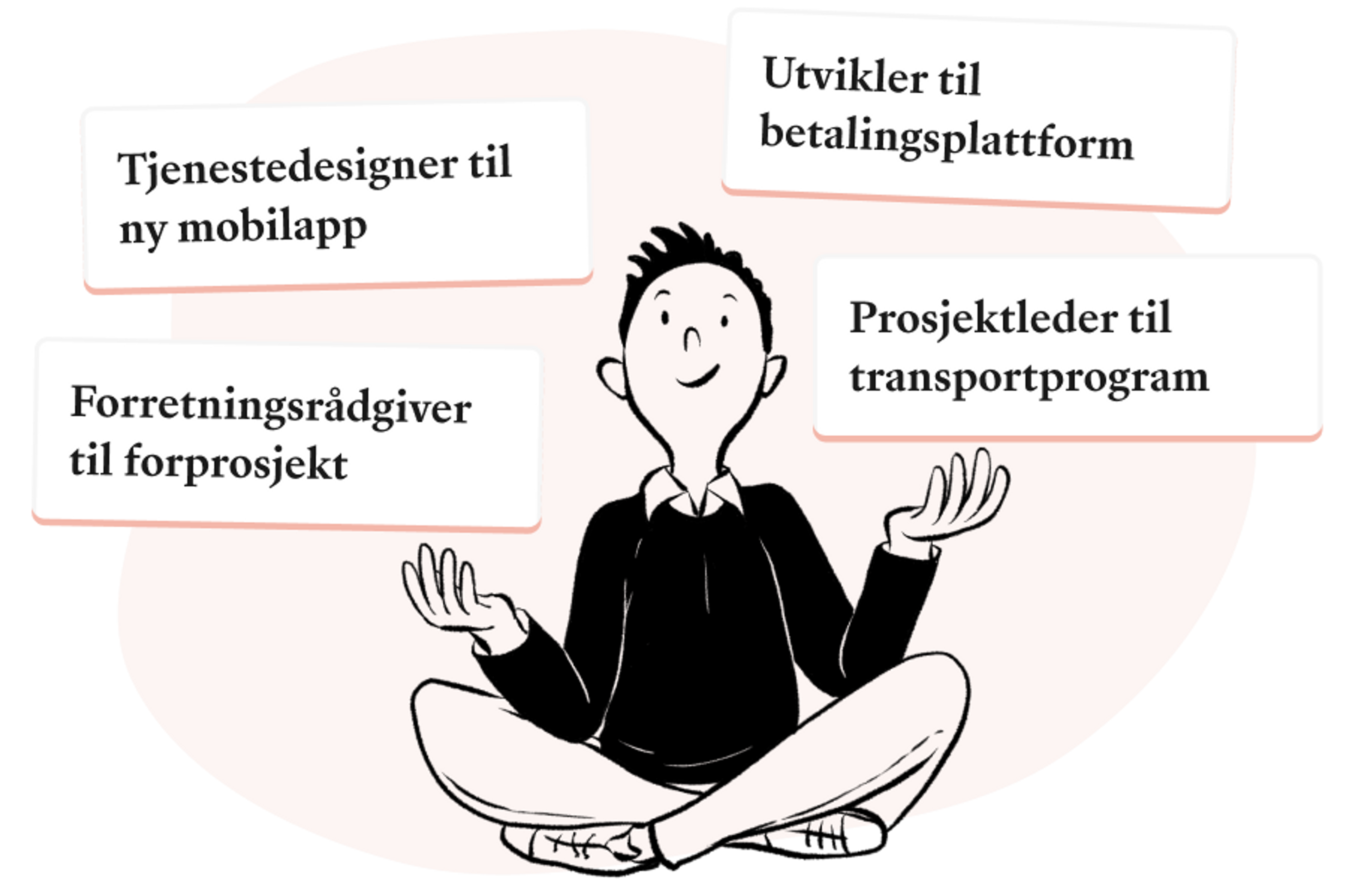 Det finnes oppdrag for mange ulike roller, så som Tjenestedesignere, Utviklere, Forretningsrådgivere og prosjektledere
