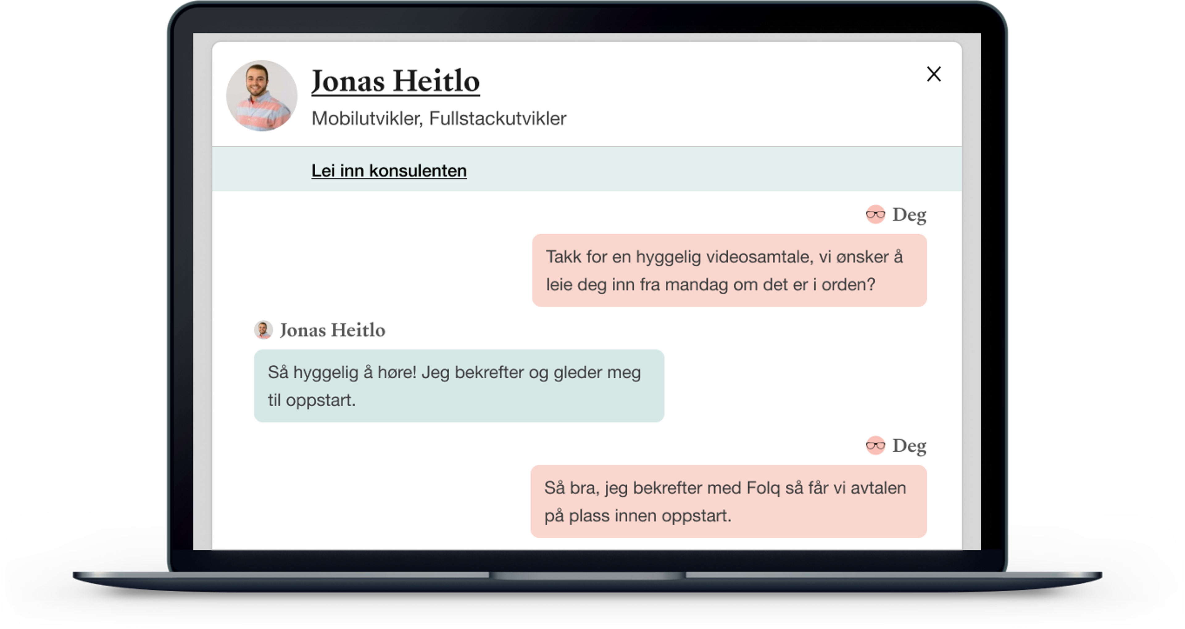 Eksempel på meldingstråd mellom konsulent og oppdragsgiver