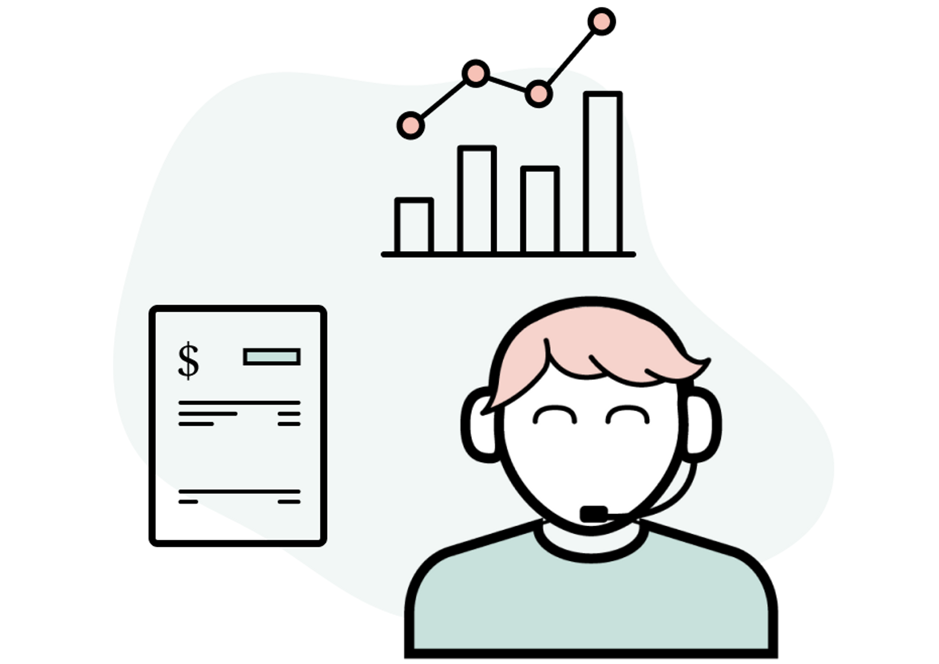 Illustrasjon av supportperson som kan markedsstatistikk og administrasjon