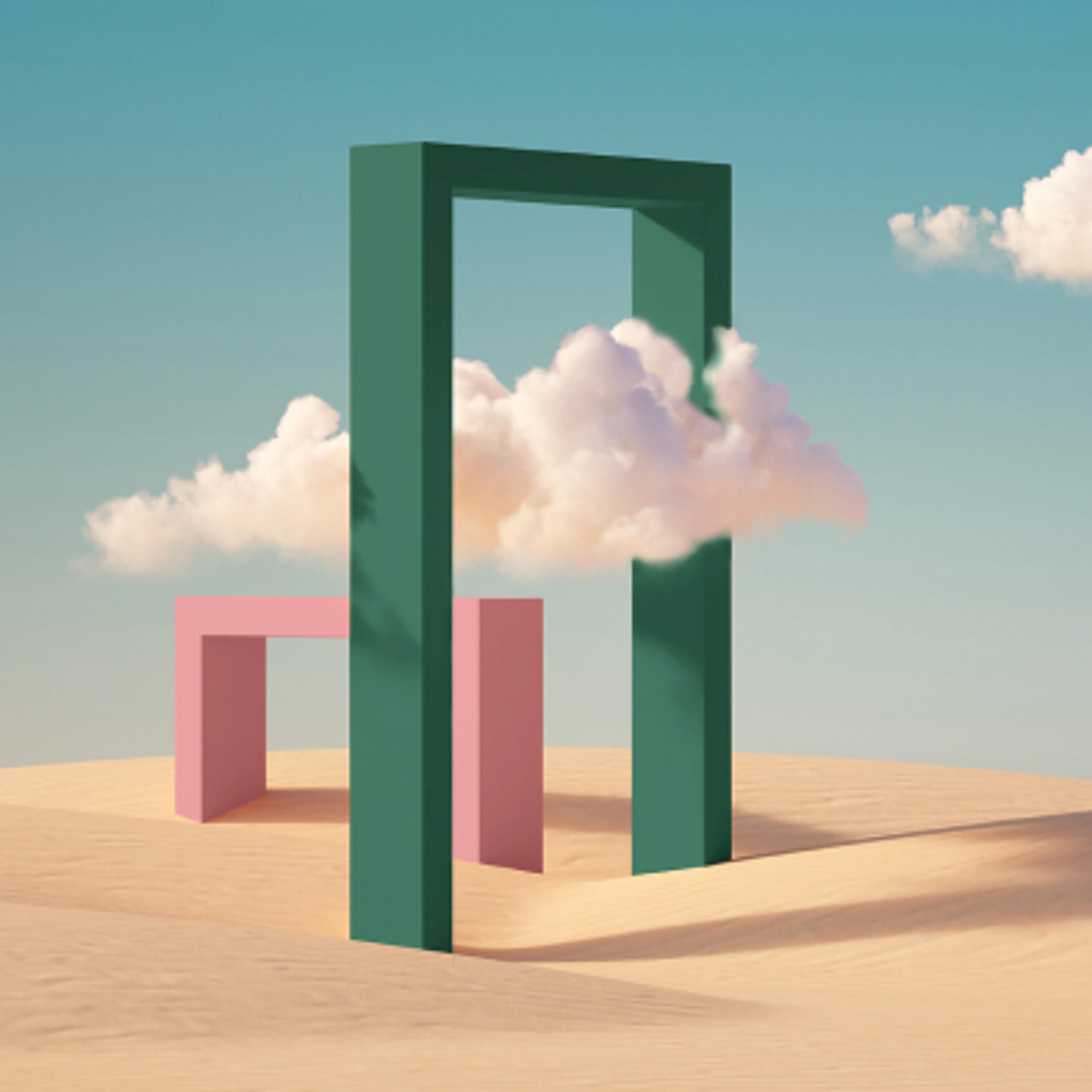 En grønn døråpning midt i ørkenen. Under på tvers er en rosa, lavere døråpning. En sky passerer den grønne døråpningen. Blå himmel i bakgrunn. 