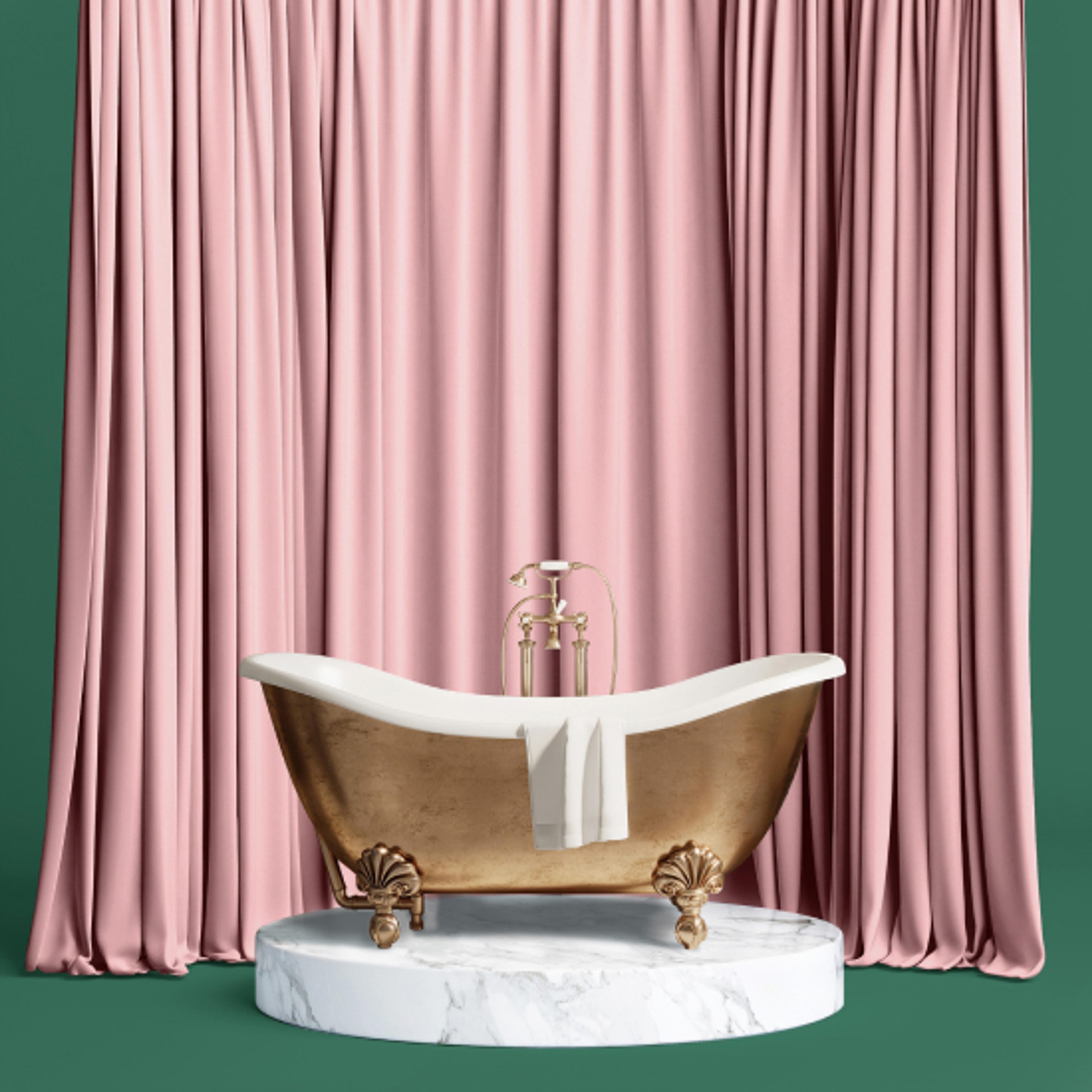 Gammelt badekarv av gull, på et marmor podium med lange tunge gardiner i rosa.