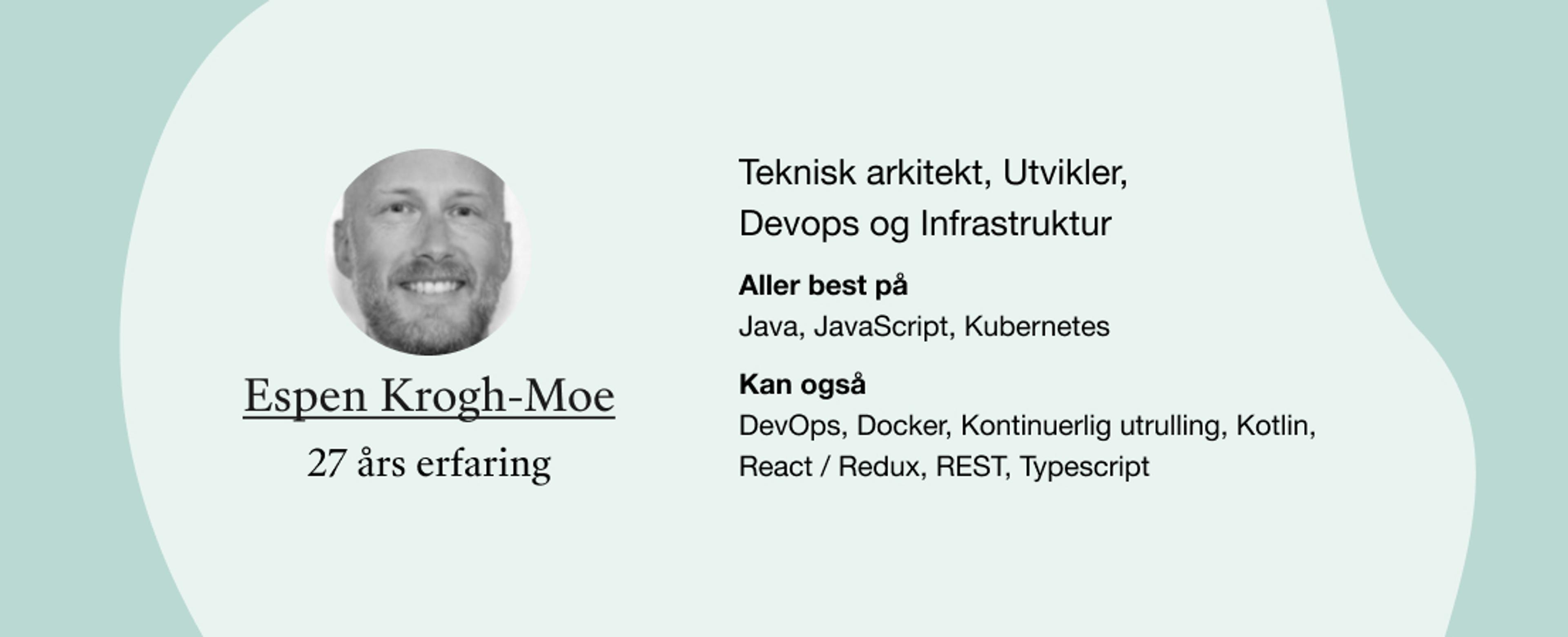 Espen Krogh-Moe. Roller: Teknisk arkitekt, Utvikler, Devops og DevOps, Docker, Kontinuerlig utrulling, Kotlin, React / Redux, REST, Typescript Infrastruktur. Kompetanser: Java, JavaScript, Kubernetes, 