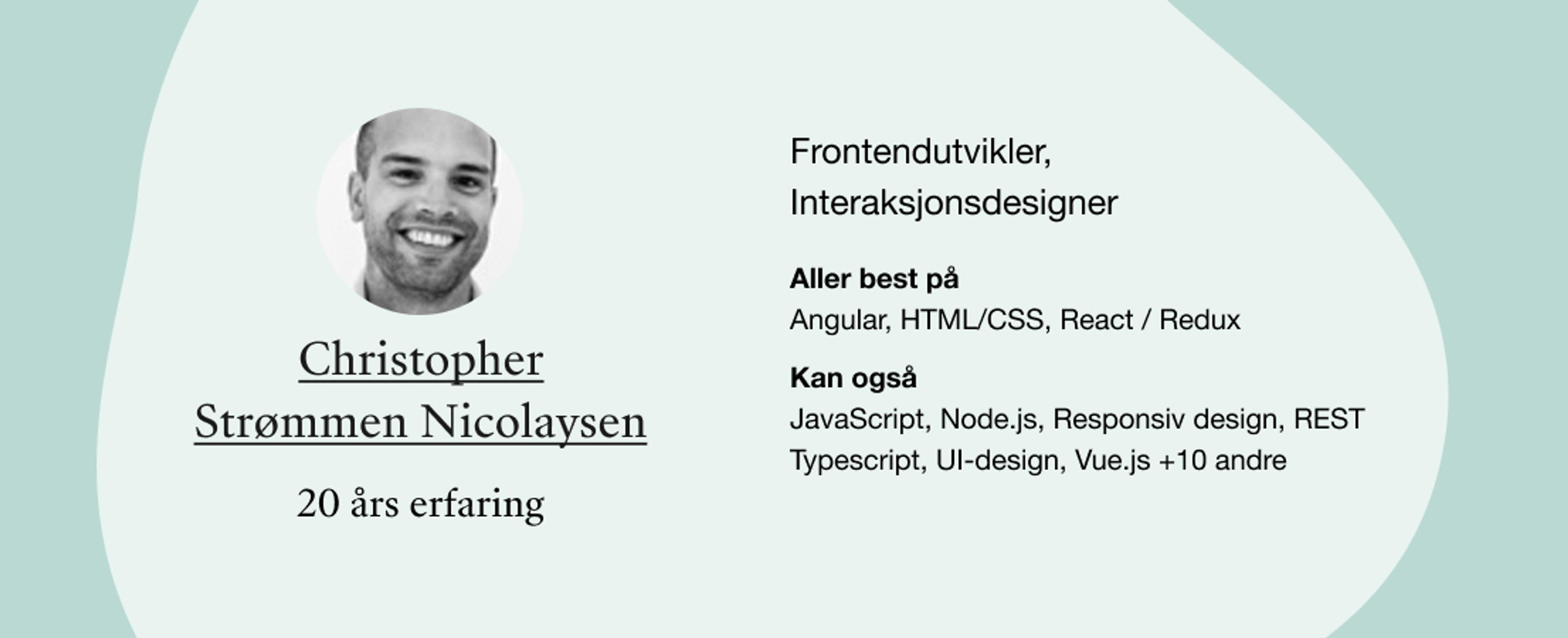 Christopher Strømmen Nicolaysen: roller: Frontendutvikler, Interaksjonsdesigner. Kompetanser: Angular, HTML/CSS, React / Redux, JavaScript, Node.js, Responsiv design, REST Typescript, UI-design, Vue.js +10 andre