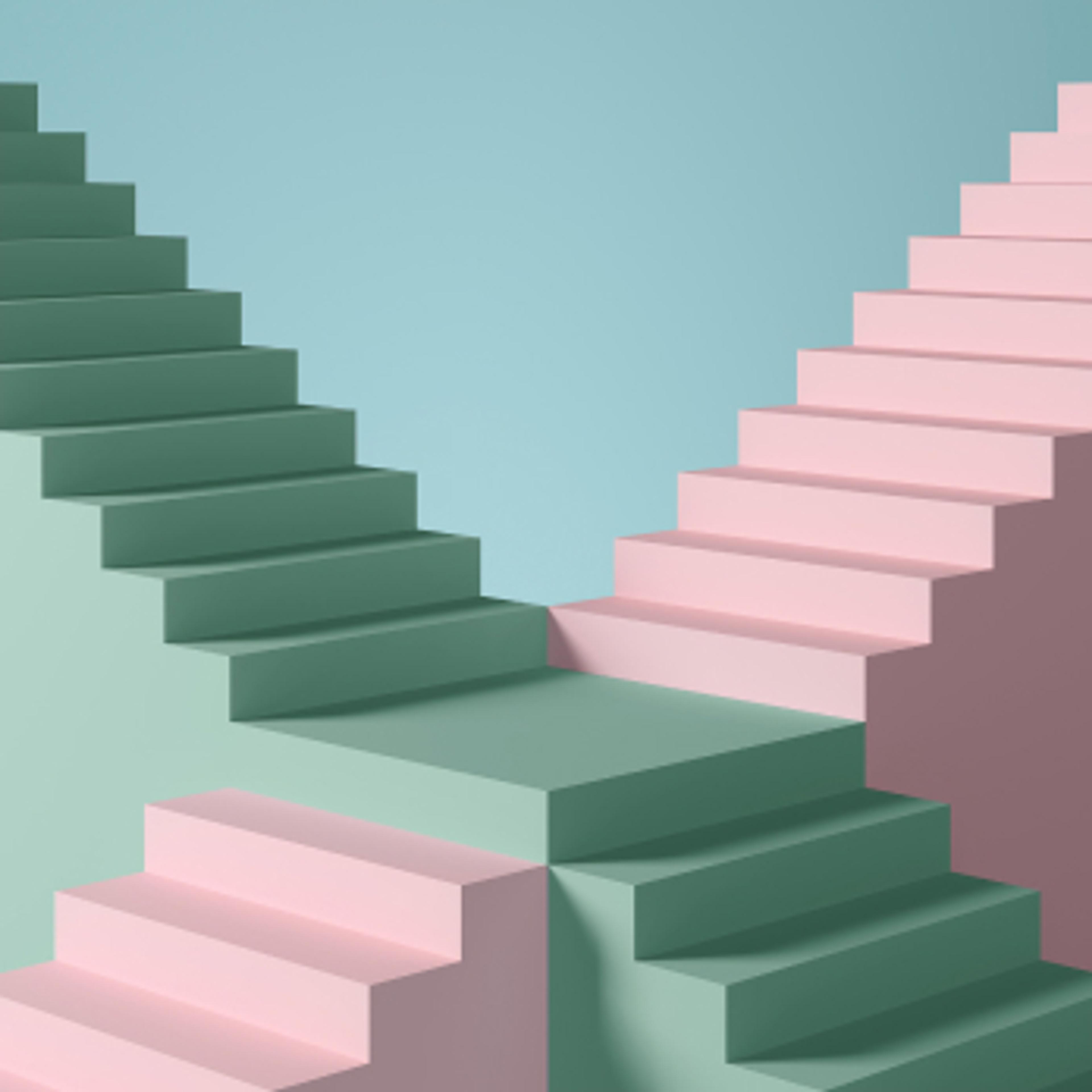 To trapper som krysser hverandre. Den ene i grønn går oppover mot venstre. Den andre i rosa går oppover mot høyre. 