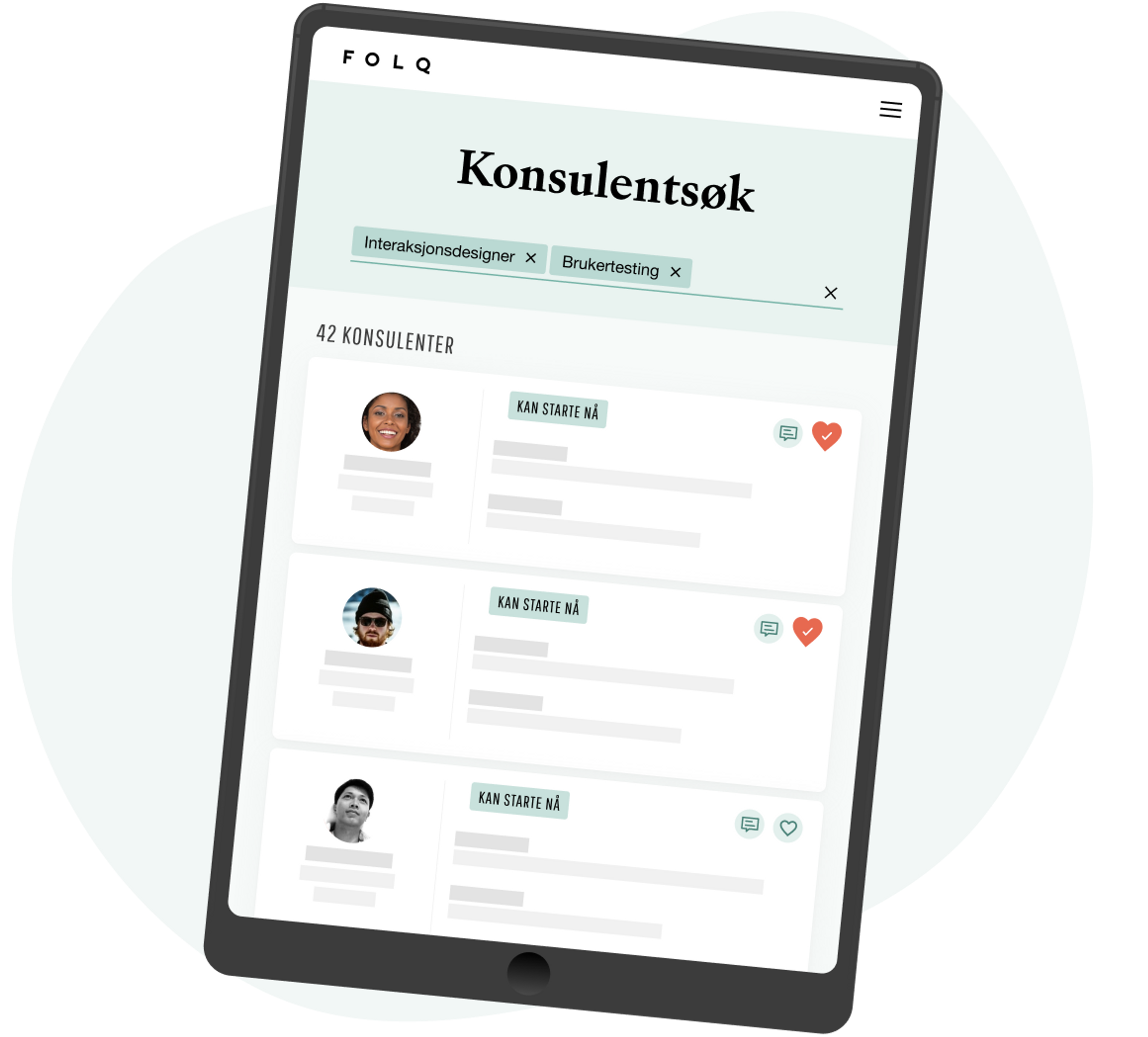 Skjermbilde av konsulentsøket, at en kan søke og scrolle i konsulentprofiler