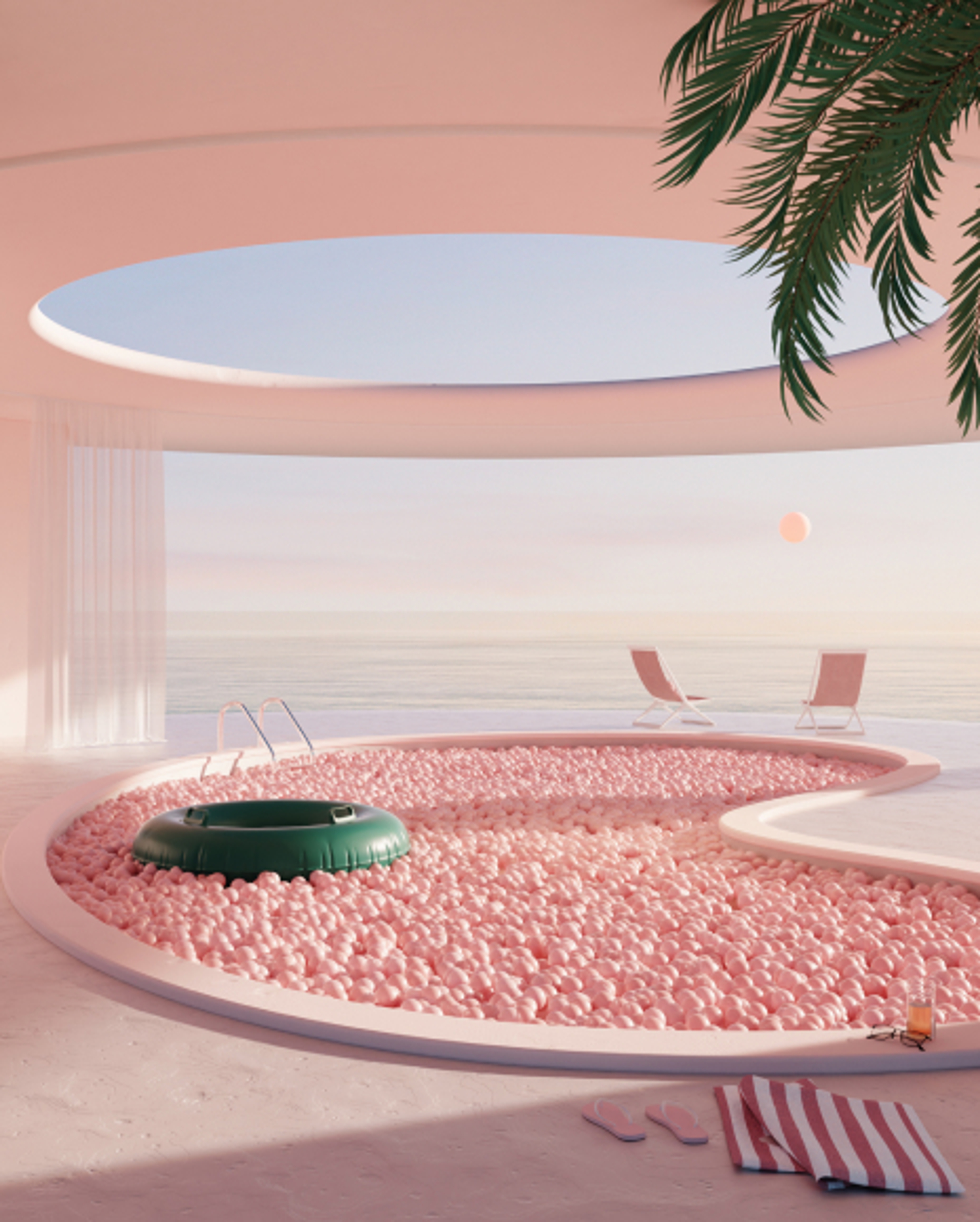 Dame med briller sitter på en bademadrass i et basseng fullt av baller. Har en PC på fanget.