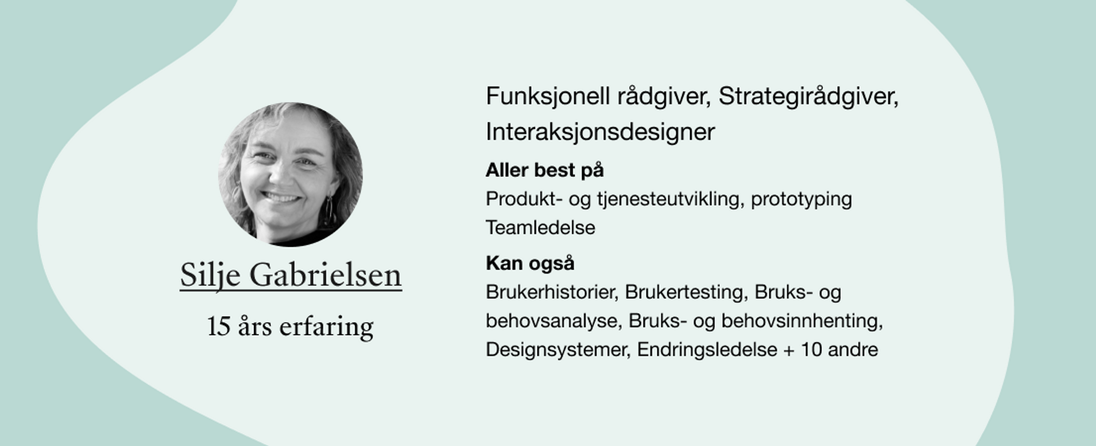 Silje Gabrielsen. Roller: Funksjonell rådgiver, Strategirådgiver, Interaksjonsdesigner. Kompetanser: Produkt- og tjenesteutvikling, prototyping Teamledelse, Brukerhistorier, Brukertesting, Bruks- og behovsanalyse, Bruks- og behovsinnhenting, Designsystemer, Endringsledelse + 10 andre