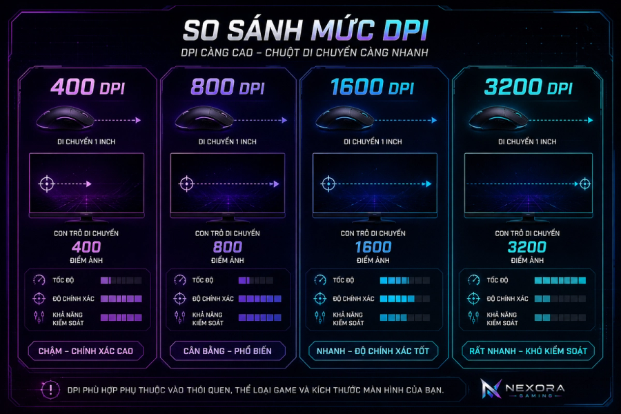 So sánh mức DPI 400 800 1600 và 3200 trên chuột gaming