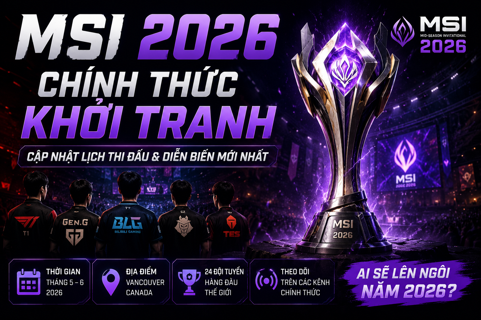Cập nhật lịch thi đấu MSI 2026 LMHT tại Hàn Quốc, thể thức thi đấu, danh sách 8 đội tham dự và diễn biến mới nhất từ Nexora Gaming.