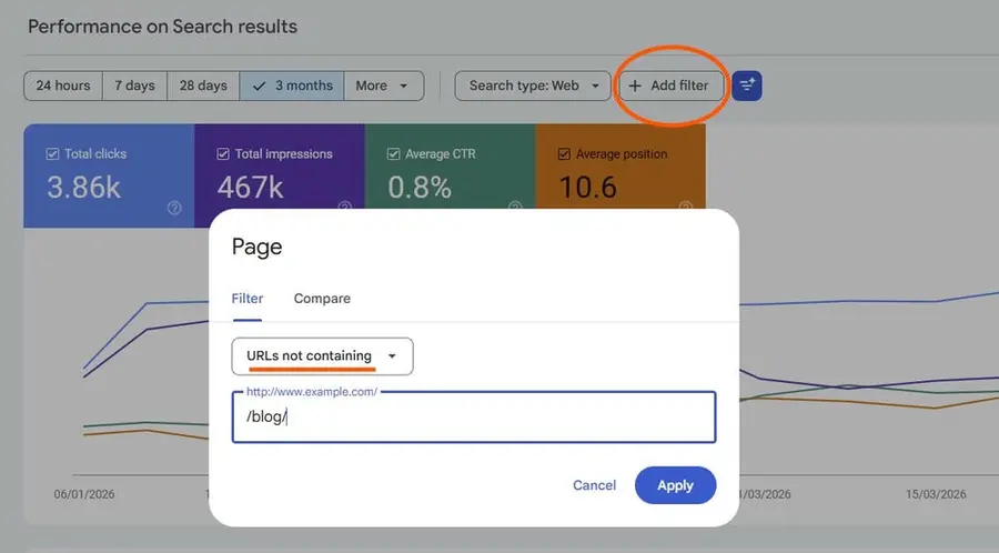 Google search console screen showing popup used to filter out specific pages