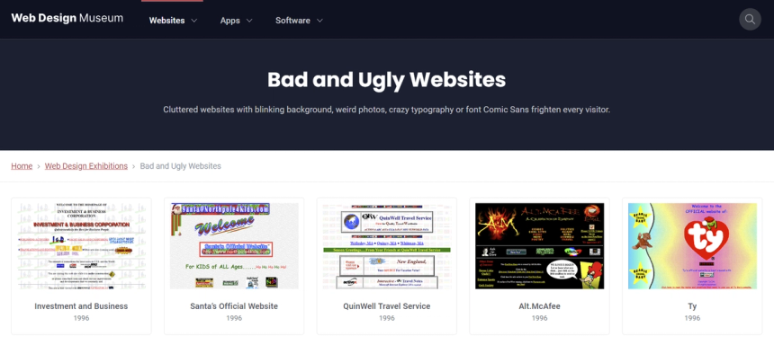 A screenshot of webdesignmuseum.org showing some bad looking websites