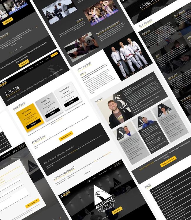 A set of website mockups for the Alliance Jiu Jitsu Newcastle website, showing the homepage, the classes page, sign up page, the contact page and more. Designs are by Lucian Chevallier from Lumin web design, development & strategy.