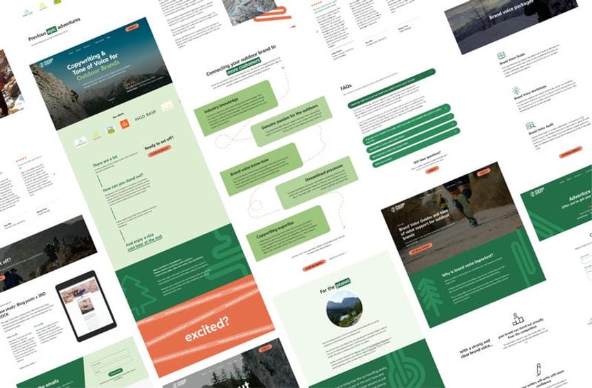 Bold and exciting web design for an outdoor writing agency. Showing web designs for homepage, about page, services pages and a contact page. Bold and exciting web design for an outdoor writing agency. Showing web designs for homepage, about page, services pages and a contact page.